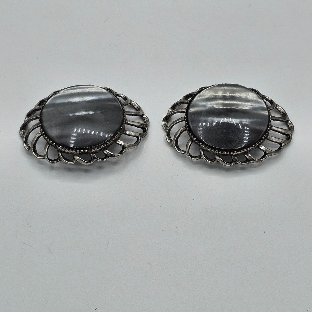 Vintage Musi Silver-tone Filigree Shiny Black Button Shoe Clips Mid Century